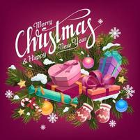 jul gåvor, bollar och godis på tall träd vektor