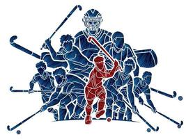 silhouette gruppe von feldhockeysport männlichen spielern mischen aktion vektor