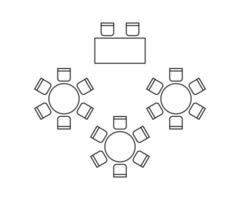 plan für die anordnung von sitzen und tischen im innenraum bei veranstaltungsbankett, layout-grafischer gliederungselemente. stühle und tische zeichen im schema architekturplan. Möbel, Ansicht von oben. Vektorlinie vektor