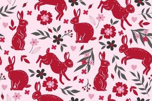 sömlös mönster för hjärtans dag med kaniner och blommor. vektor grafik.