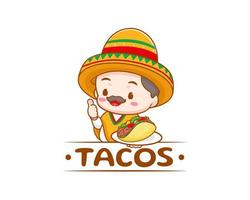 tacos-logo-karikaturillustration. Der süße Koch trägt einen Sombrero-Hut, der Tacos mit Daumen nach oben hält. mexikanisches traditionelles straßenessen. entzückender mexikanischer koch. Vektorgrafik vektor