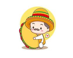 tacos logotyp tecknad serie illustration. söt kock bär sombrero hatt innehav tacos. mexikansk traditionell gata mat. förtjusande mexikansk kock. vektor konst illustration