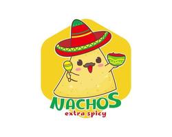 Nachos-Cartoon-Logo. mexikanisches traditionelles straßenessen. süßes entzückendes lebensmittelcharakterkonzept. Nachos trägt einen Sombrero-Hut und spielt Maracas. Vektorgrafik vektor