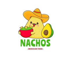 nachos tecknad serie logotyp. mexikansk mat. traditionell gata mat. söt förtjusande mat karaktär begrepp. nachos bär sombrero hatt med guacamole sås. vektor konst illustration