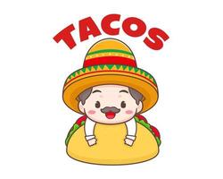 tacos-logo-karikaturillustration. Der süße Koch trägt einen Sombrero-Hut mit Tacos. mexikanisches traditionelles straßenessen. entzückender mexikanischer koch. Vektorgrafik vektor