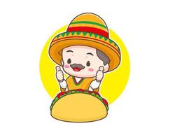 tacos-logo-karikaturillustration. Der süße Koch trägt einen Sombrero-Hut, der Tacos mit Daumen nach oben hält. mexikanisches traditionelles straßenessen. entzückender mexikanischer koch. Vektorgrafik vektor