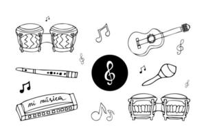 uppsättning av hand dragen musikalisk klotter symboler och instrument för design. isolerat på vit bakgrund. vektor