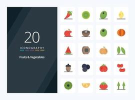20 flache Farbsymbole für Obst und Gemüse zur Präsentation vektor