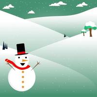 Flacher Cartoon des netten Schneemanns auf dem Bergschneevektorkonzept der frohen Weihnachten vektor