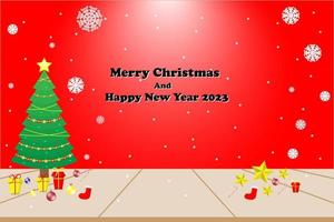 fira jul snöfall med handflatan träd och gåva Plats röd bakgrund vektor