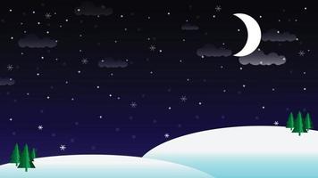 vinter- snöfall på midnatt med de måne och stjärnor på himmel vektor bakgrund