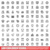 100 Kindersymbole gesetzt, Umrissstil vektor