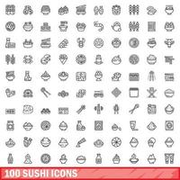 100 Sushi-Icons gesetzt, Umrissstil vektor