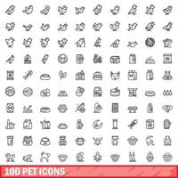 100 Haustiersymbole gesetzt, Umrissstil vektor