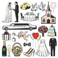 Hochzeitsikonen von Hochzeitsgeschenk, Herz und Liebe vektor