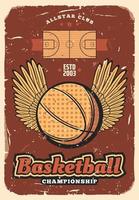 basketboll sport boll med vingar, retro affisch vektor