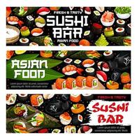 japansk sushi bar, rullar maki och sashimi maträtter vektor