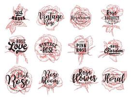 rote rosen blumen vintage boutique skizze schriftzug vektor