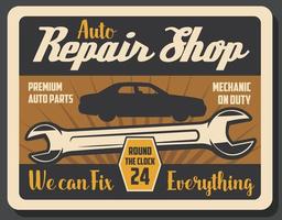 Retro-Poster der Reparaturwerkstatt mit Schraubenschlüssel und Fahrzeug
