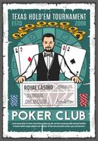 Retro-Plakat des Pokerclubs mit Croupier und Gewinnscheck vektor