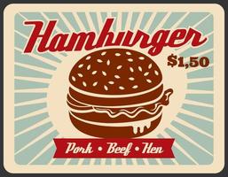 snabb mat retro affisch med hamburgare smörgås vektor