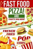 snabb mat pizza, popcorn och frites snacks meny vektor