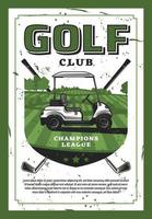 golf bil och golf klubb på gräsmatta vektor retro affisch
