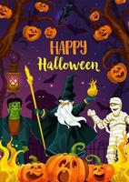 Halloween-Kürbis, Zombie, Mumie und Zauberer vektor