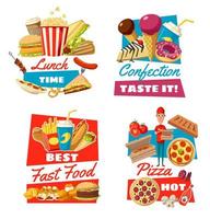 Fast Food und Süßwaren für Mittagssymbole vektor