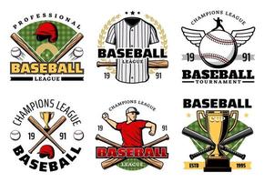 Baseball-Sportspiel-Club-Symbole mit Spielergegenständen vektor