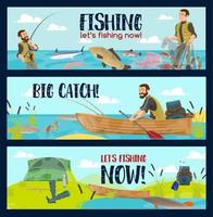 fiskare med stavar, tacklar och fisk fånga vektor