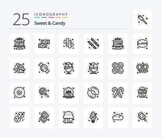 ljuv och godis 25 linje ikon packa Inklusive franska biskvi. kaka. camping. sötsaker. mardi gras vektor