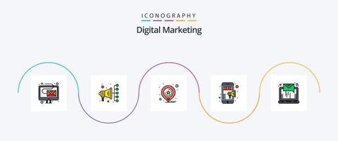 mit digitaler Marketinglinie gefülltes flaches 5-Icon-Paket, einschließlich Online. Email. Karten. mobiles Marketing. Einkaufen vektor