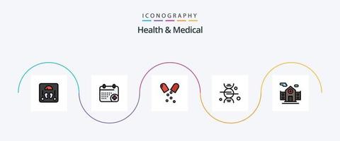 gesundheits- und medizinische linie gefülltes flaches 5-ikonenpaket einschließlich gebäude. medizinisch. Antibiotika. Gesundheitswesen. adn vektor