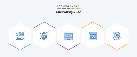 Marketing und SEO 25 blaues Icon-Paket inklusive SEO. Netz. Schreibtisch. Sichtweite. Auge vektor