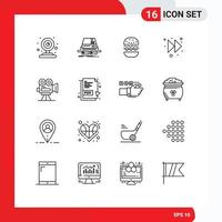 Stock Vector Icon Pack mit 16 Zeilenzeichen und Symbolen für Filmkamera Burger Rechtspfeil editierbare Vektordesign-Elemente