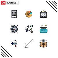 Stock Vector Icon Pack mit 9 Linienzeichen und Symbolen für Zahnradexperimentdiagramm Transport Verschmutzung editierbare Vektordesign-Elemente