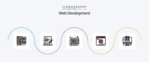 Webentwicklungslinie gefülltes flaches 5-Icon-Paket inklusive App. Website. Mockup-Design. Entwicklung. Ausrüstung vektor