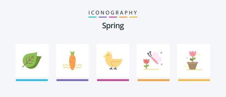 Spring Flat 5 Icon Pack inklusive Natur. Blume. Ente. Schmetterling. Schmetterling und Blume. kreatives Symboldesign vektor