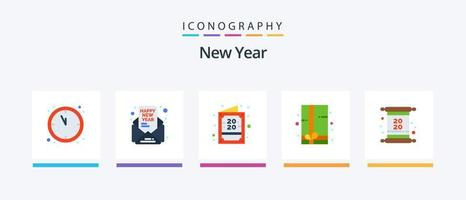 Neujahr Flat 5 Icon Pack inklusive Einladung. Karte. Karte. Geschenkbox. Geschenkpackung. kreatives Symboldesign vektor