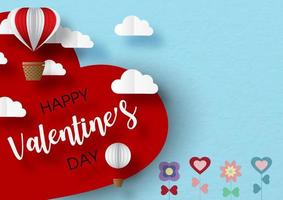 kleine luftballons auf weißen wolken und ernten groß rot mit fröhlichem valentinstag-schriftzug und bunten blumen auf blauem himmelhintergrund. Valentinstag-Grußkarte im Vektordesign. vektor