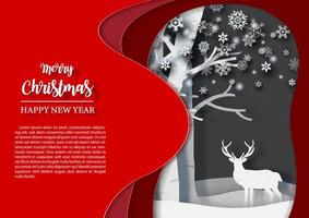närbild vinter- säsong med enda ren i röd abstrakt form och exempel texter på mörk grå bakgrund. jul hälsning kort i papper skära stil och vektor design.
