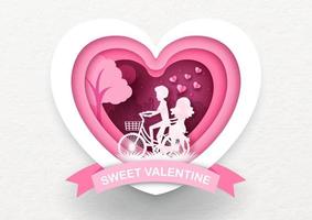 Nahaufnahme rosa Silhouette des Liebhabers Fahrrad fahren in einem riesigen Herzen mit süßem Valentinswortlaut auf rosa Schleifenbanner und weißem Hintergrund. valentine grußkarte im papierschnittstil und vektordesign. vektor