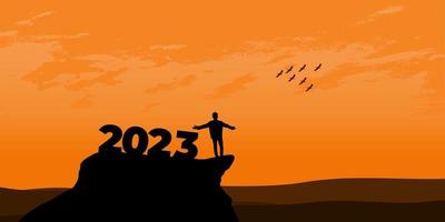 neues jahr 2023 konzept. mann trifft morgendämmerung in den bergen für das neue jahr 2023. neustartmotivation inspirierende zitatbotschaft auf silhouette mann vektor