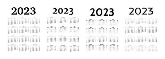 uppsättning av fyra vertikal kalendrar för 2023 isolerat på en vit bakgrund. söndag till måndag, företag mall. vektor illustration