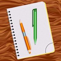 anteckningsbok, orange penna och grön penna på en trä- tabell vektor