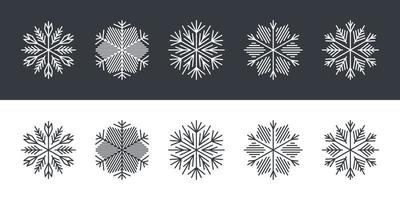 snöflingor av annorlunda former. snöflingor i platt stil på svart och vit bakgrund. vektor illustration