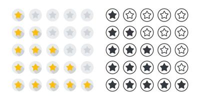 Bewertungssterne. Sterne-Symbole. Produktbewertung oder Kundenrezension mit goldenen Sternen und schwarzen Sternen. Vektorsymbole