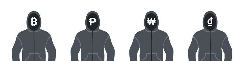 Ikonen des Geldes. Ikonen des Geldes in der Hoodie-Kapuze. symbole von bitcoin, philippinischem peso, koreanischem won und vietnamesischem dong. Vektor-Illustration vektor