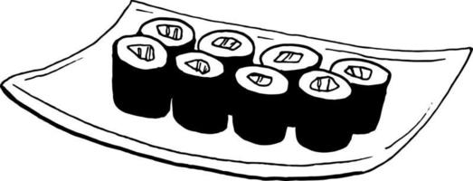 kritzeln sie asiatische lebensmittelillustration maki-sushi-rollen, die auf der handgezeichneten clipart des tellers gesetzt werden vektor